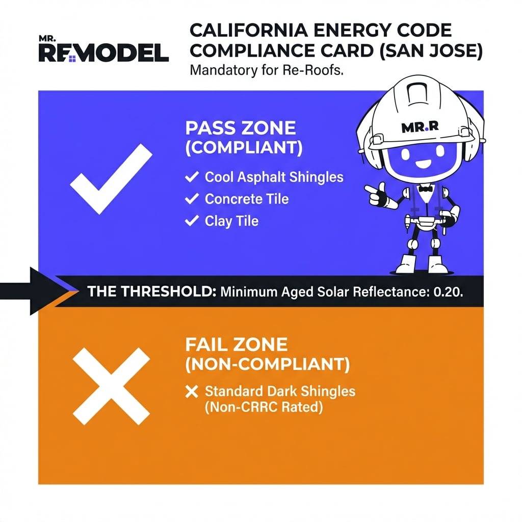A compliance card for San Jose Climate Zone 4 shows that roofing materials must have a minimum solar reflectance of 0.20 to pass Title 24 energy codes.
